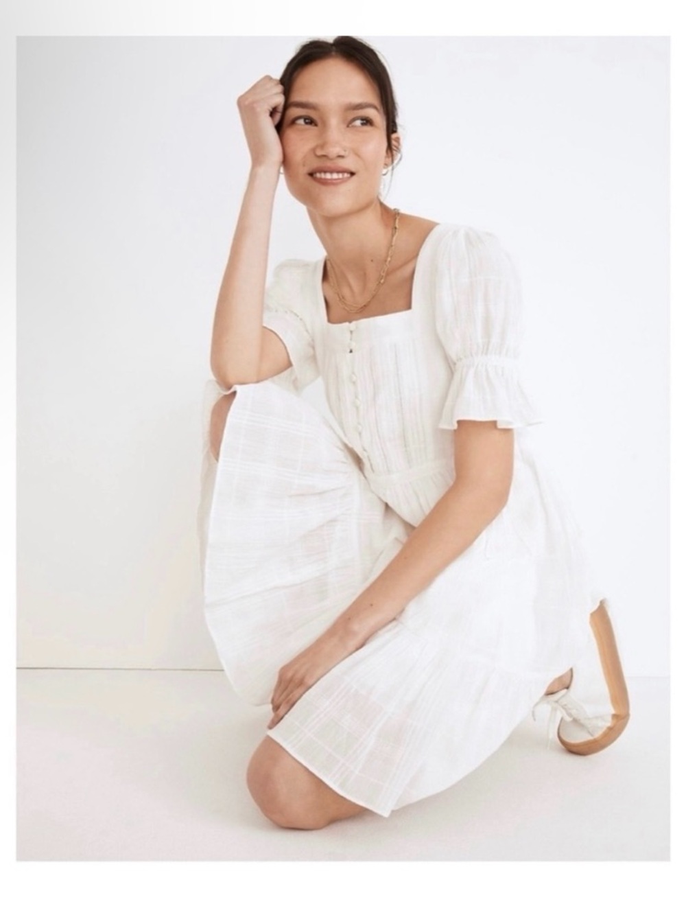 Madewell White Square-Neck Midi Dress with Puff Sleeves